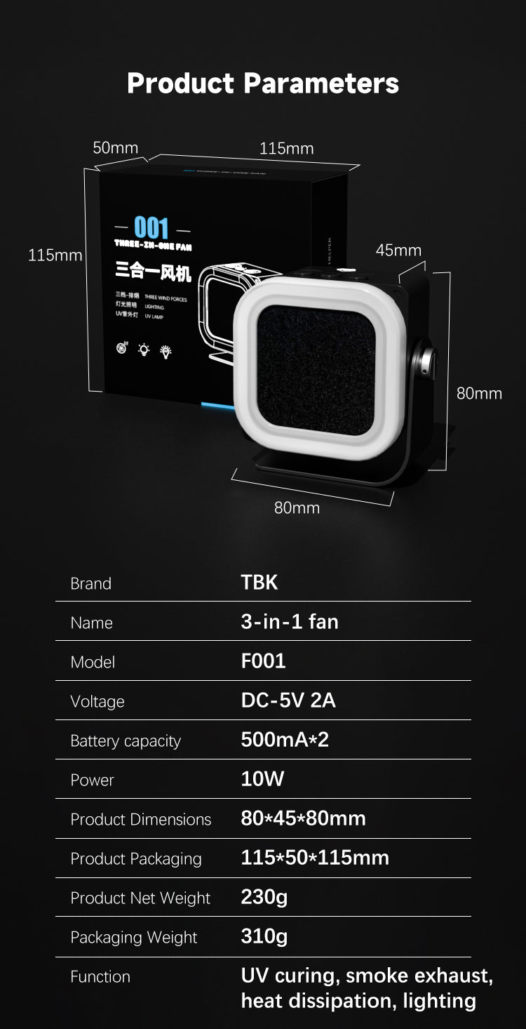 TBK F001 3-in-1 Soldering Fume Extractor Fan | UV Curing Lamp & Cooling System | Portable Repair Tool