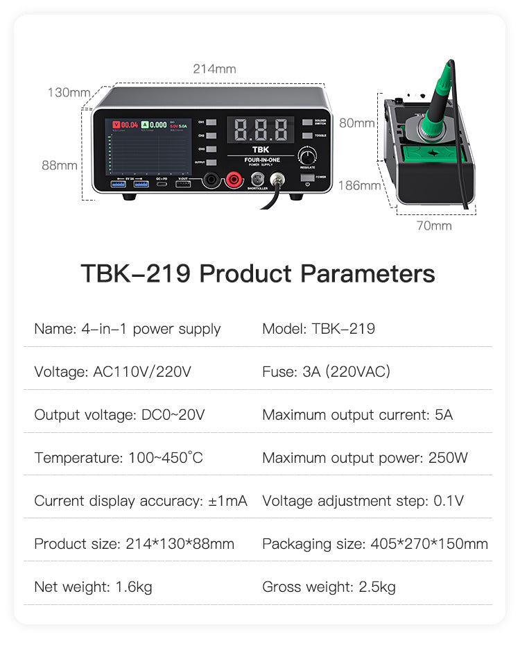 TBK 219 4-in-1 Integrated Soldering Station & DC Power Supply with Short Circuit Detector
