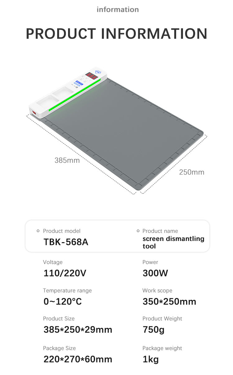 TBK-568A LCD Heating Pad with Dust Display Lamp & 16-Inch Repair Mat