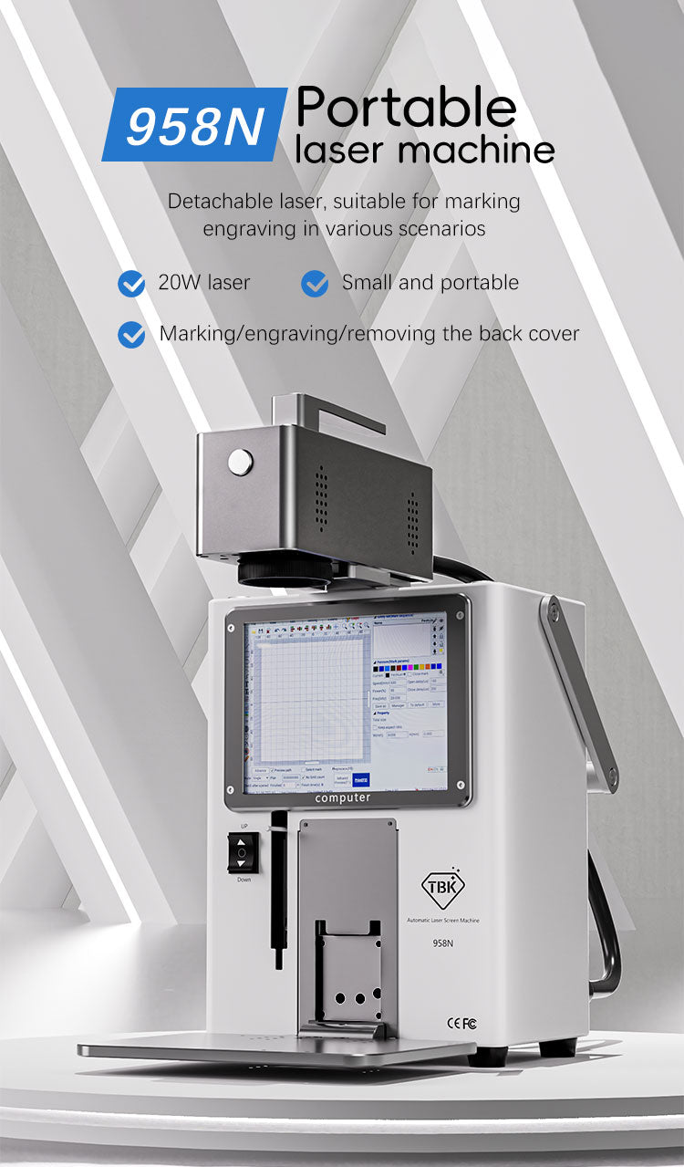 TBK 958N Portable Laser Machine | Detachable Handheld Head for Back Glass Removal & Rotary Engraving