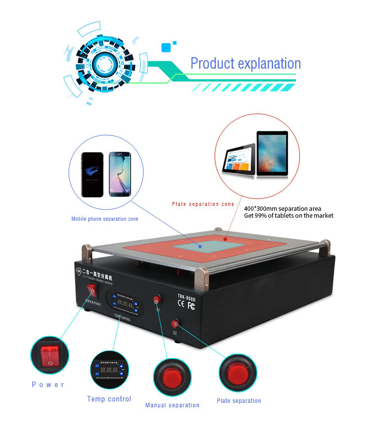 TBK-968D 19-Inch 2-in-1 LCD Screen Separator Machine for Tablet & Phone Repair