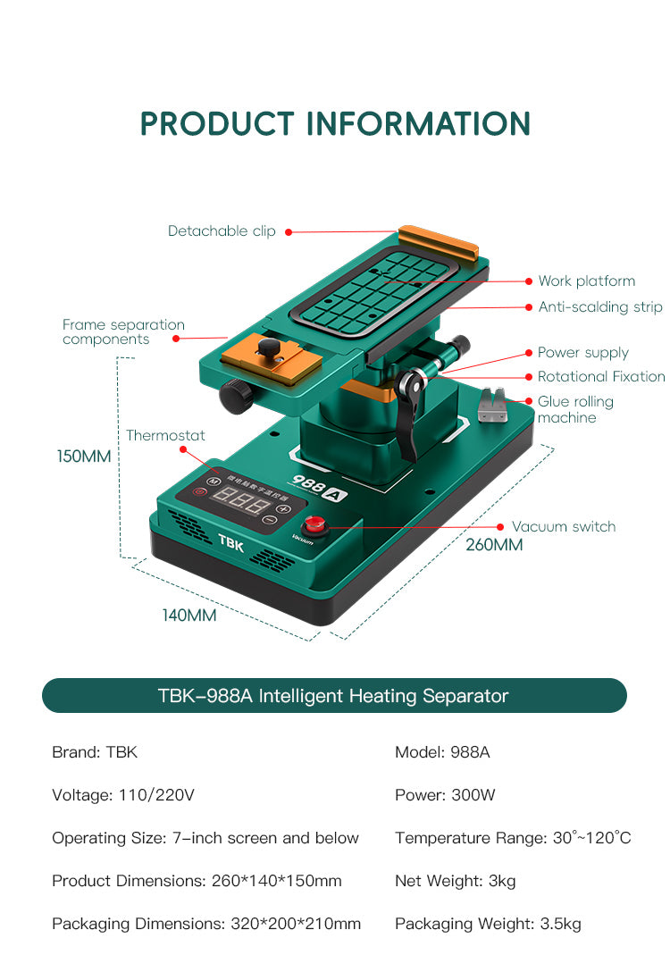 TBK-988A 360° Rotating LCD Screen Separator with Built-in Vacuum Pump & Glue Remover
